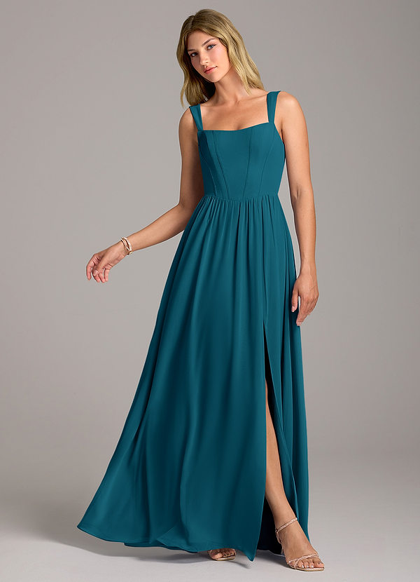 Azazie Rosaline Bridesmaid Dresses Ink Blue A-Line Side Slit Chiffon Dress image1