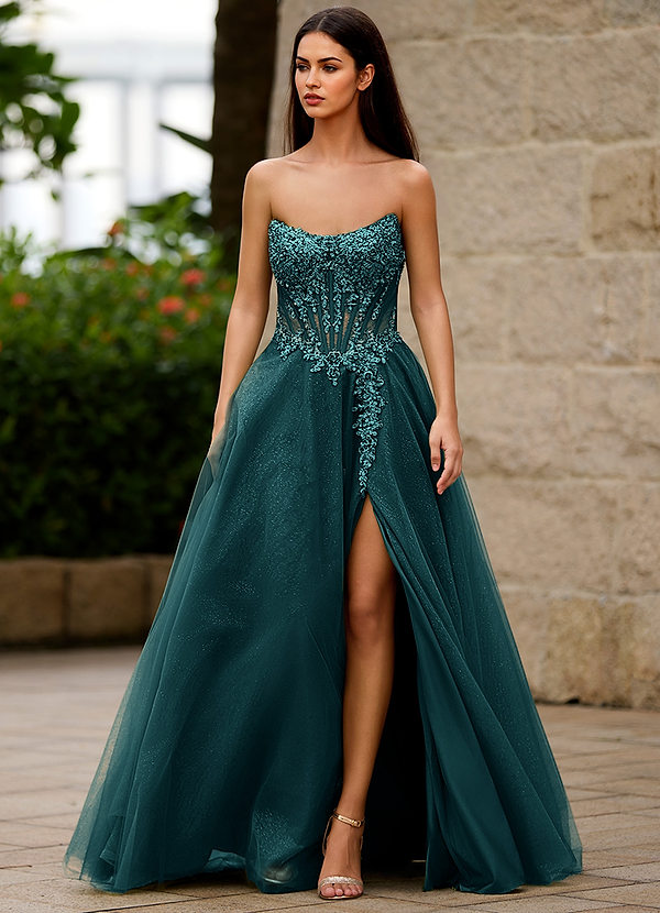 Brilliance Dunkelgrün A-Linien-Ballkleid aus Glitzertüll mit Paillettenapplikation image1