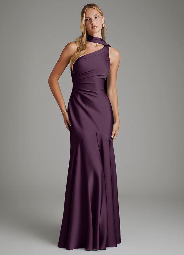 Azazie Amara Robes de demoiselle d'honneur Robe Sirène en Satin extensible Asymétrique Prune image1