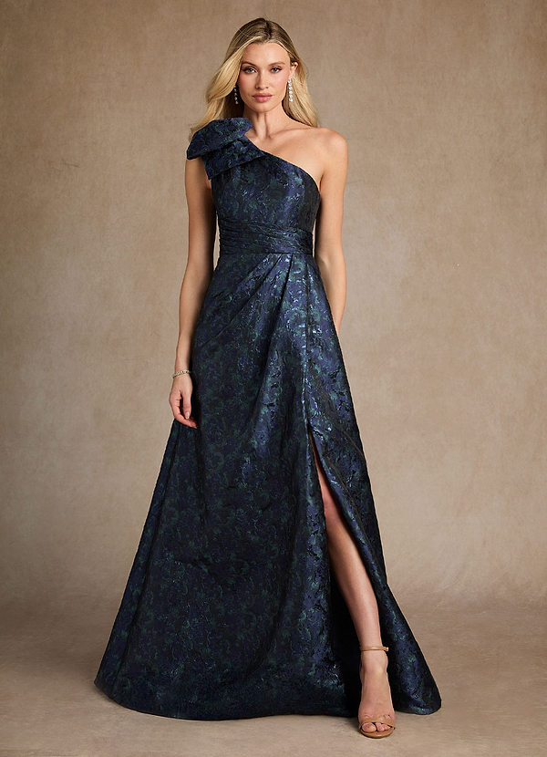 Azazie Easton Mother of the Bride Dresses Dark Navy A-Line One Shoulder Jacquard Dress image1