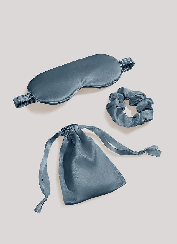 front Dusty Blue Satin Hair Scrunchie and Eye Mask Set