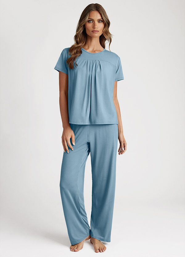 front Zakurzony Niebieski Bamboo Fiber Pleated T-Shirt and Pants Pajama Set