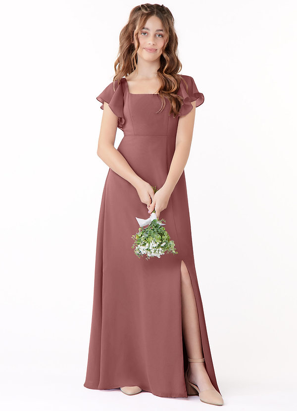 Azazie Bondi Junior Desert Rose A-Line Bow Chiffon Dress image1