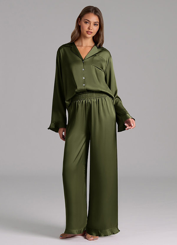 front Olive Ruffled Satin Long Sleeve Pajama Set