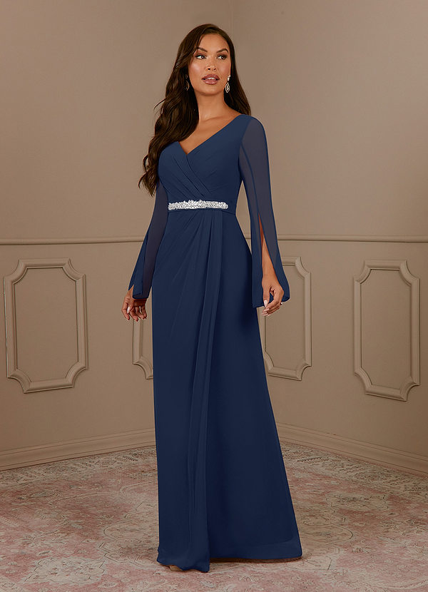Azazie Belinda Mother of the Brides Dresses Dark Navy A-Line V-Neck Pleated Chiffon Dress image1