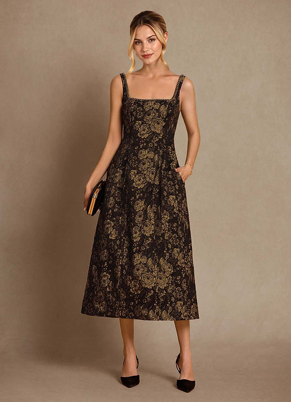Azazie Auster Mother of the Brides Dresses Gold Black A-Line with Pockets Jacquard Dress image1
