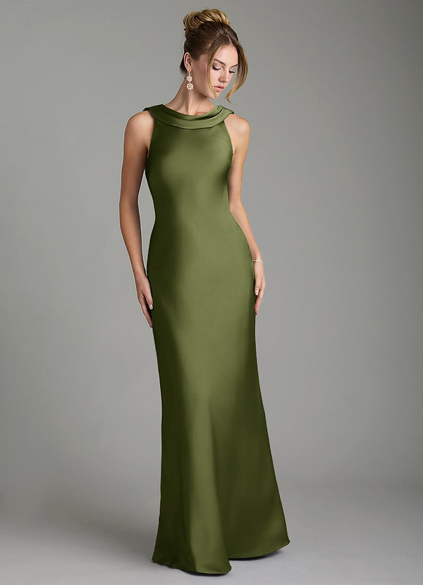 Azazie Aussie Bridesmaid Dresses Olive Sheath Pleated Stretch Satin Dress image1