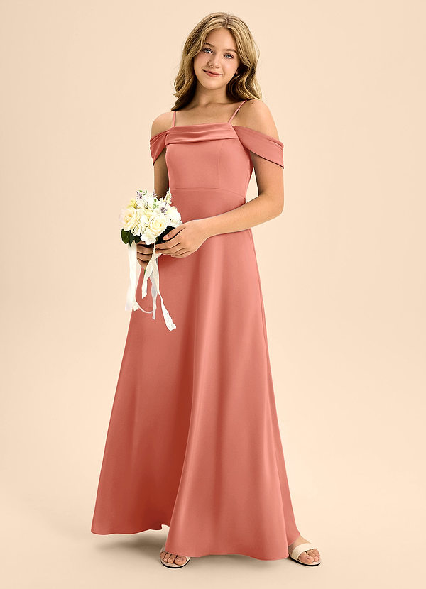 Azazie Anselie Junior Salmon Pink A-Line Off the Shoulder Stretch Satin Dress image1