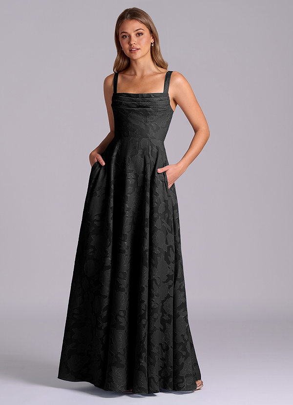 Azazie Shaude Bridesmaid Dresses Black A-Line Pleated Floral Burnout Dress image1