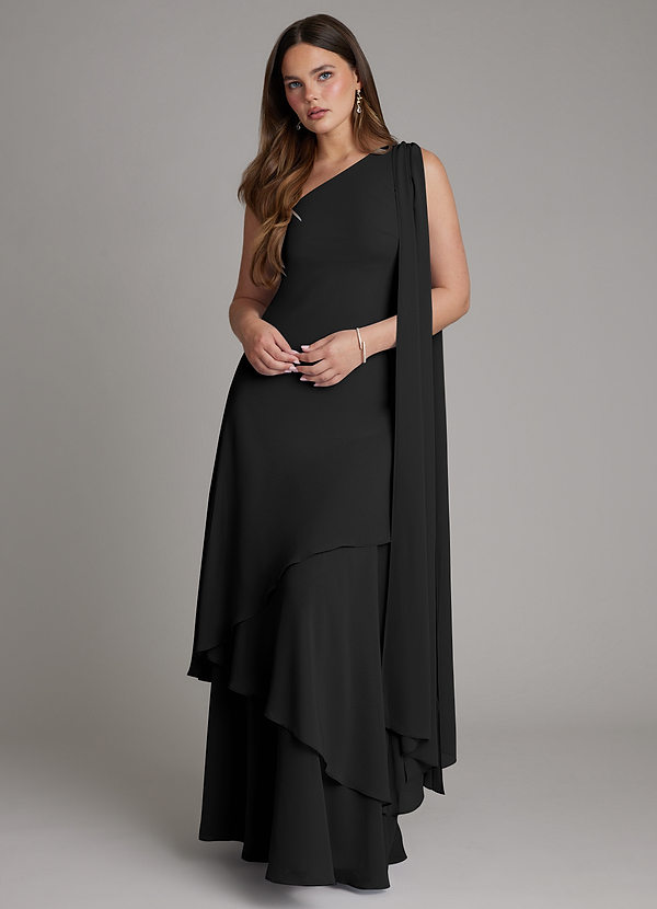 Azazie Monique Bridesmaid Dresses Black A-Line One Shoulder Chiffon Dress image1