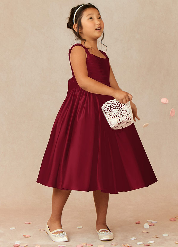 Azazie Cutie Pie Flower Girl Dresses Burgundy A-Line Pleated Matte Satin Dress image1