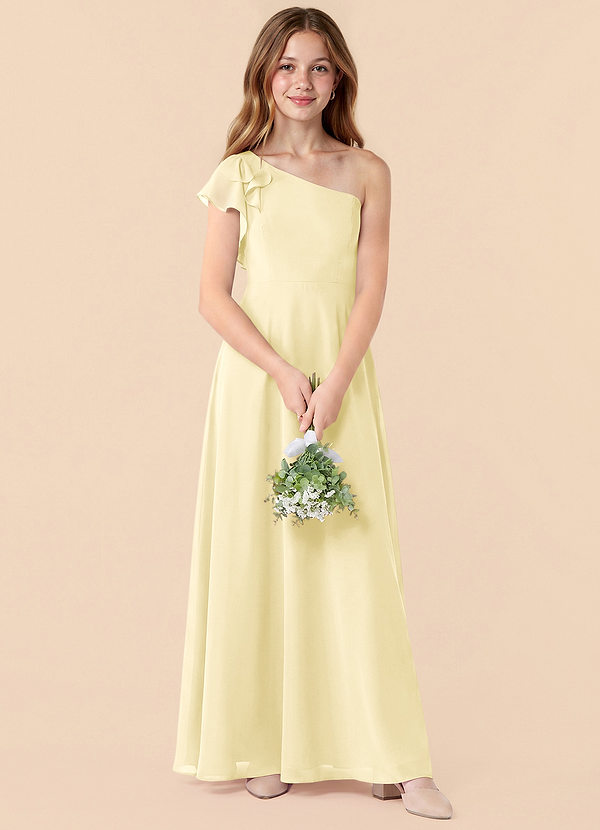Azazie Arabella Junior Lemon Sorbet A-Line Ruched Chiffon Dress image1