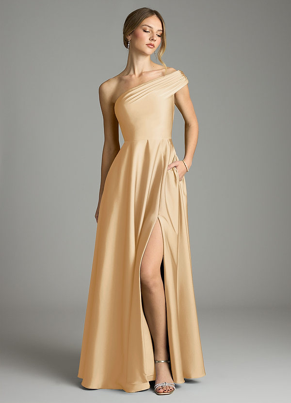 Azazie Melanie Vestidos Dama de Honor Vestido de Oro de Satén Elástico de Corte en A con Vestidos sin tirantes image1