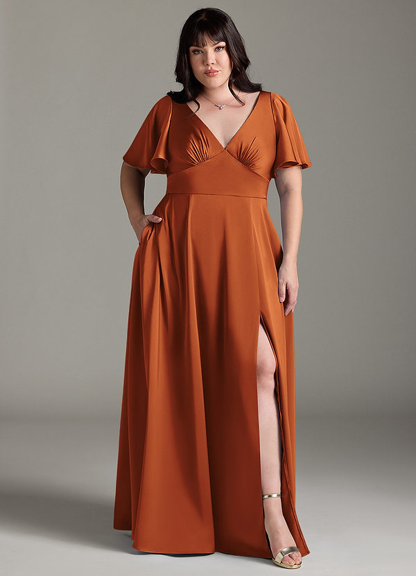 Azazie Kimber Bridesmaid Dresses Cinnamon A-Line Ruched Stretch Satin Dress image1