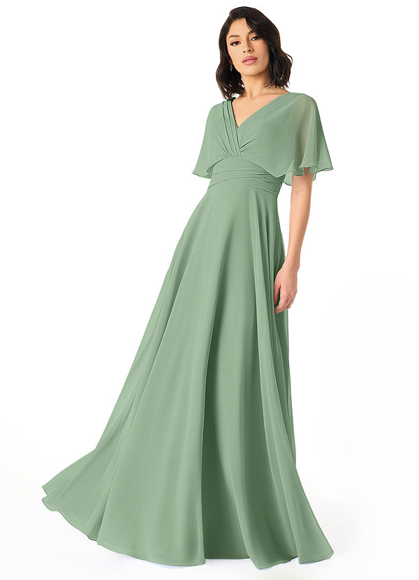 Azazie Pamela Bridesmaid Dresses Matcha A-Line V-Neck Pleated Chiffon Dress image1
