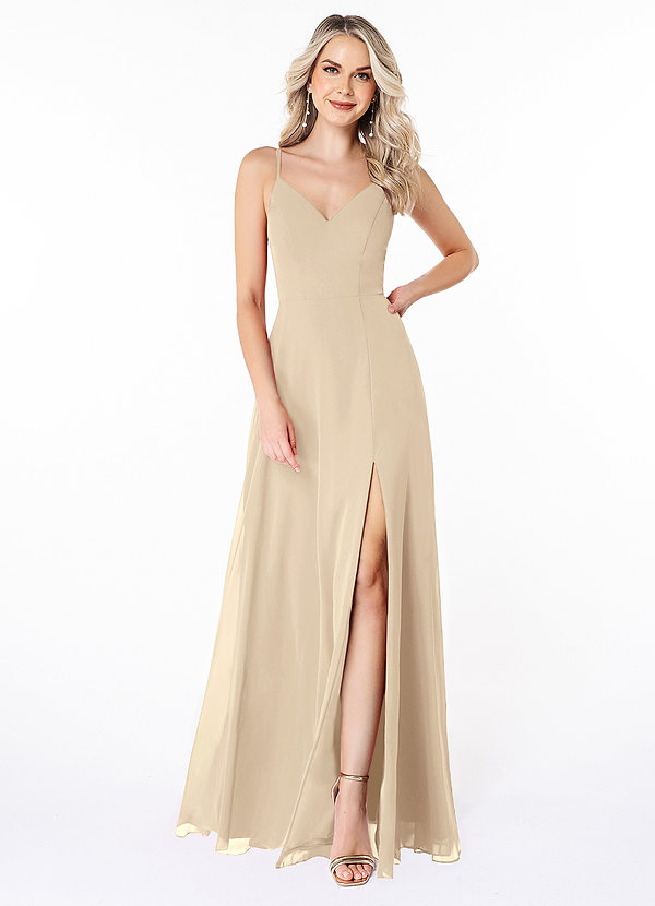 Azazie Lena Bridesmaid Dresses Champagne A-Line Lace Chiffon Dress image1