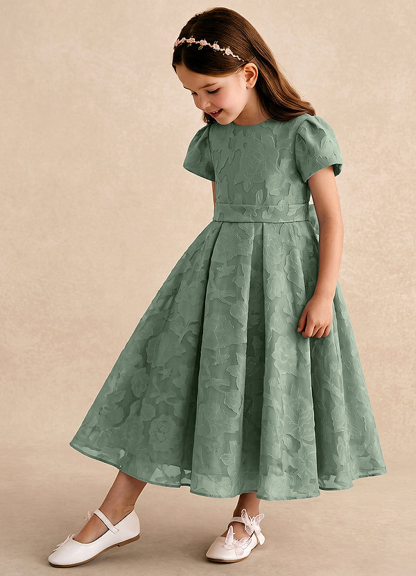 Azazie Princes Abiti da Damigella Bambina Abito A-Line in Burnout Floreale Plissettato Matcha image1