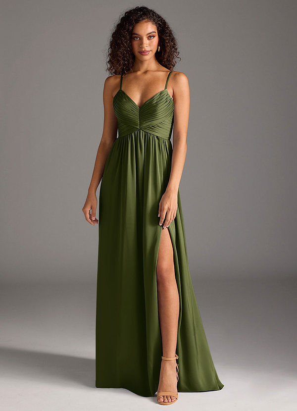 Azazie Alia Robes Demoiselle d'honneur Robe Trapèze en Satin extensible Plissée Olive image1