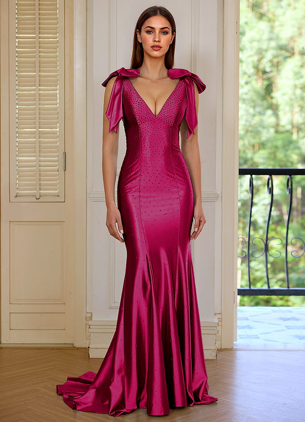 Arabella Borgogna Abito da ballo a sirena in raso con scollo a V e fiocchi a pois image1