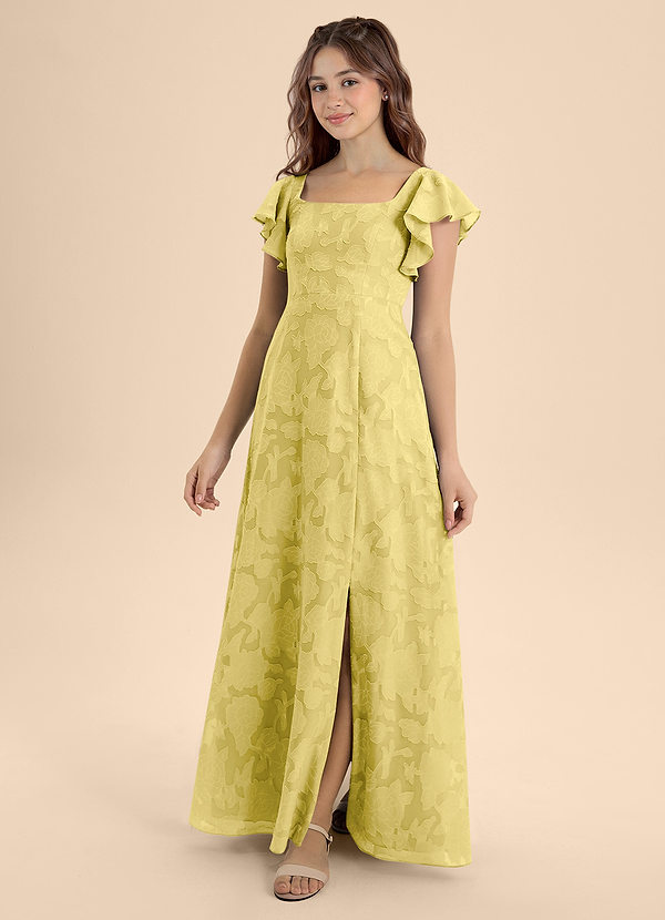Azazie Bondi Junior Canary A-Line Bow Floral Burnout Dress image1