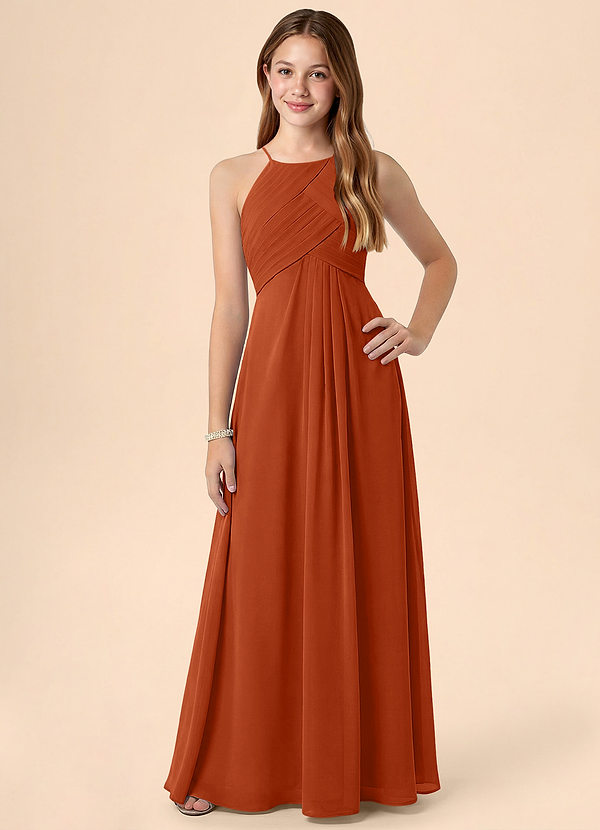 Azazie Ginny Junior Burnt Orange A-Line Pleated Chiffon Dress image1