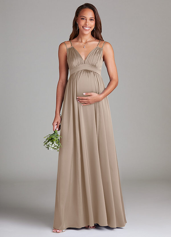 Azazie Emree Robes de demoiselle d'honneur maternité Robe Trapèze Avec poches Longueur ras du sol Satin extensible image1