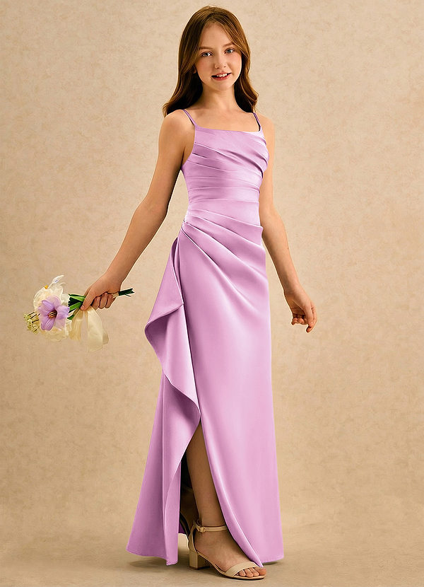 Azazie Cannoli Girls Formal Sukienki dla dziewczynek sypiących kwiaty Linia A Pofałdowany Matowy satynowy Długość podłogi Sukienka image1