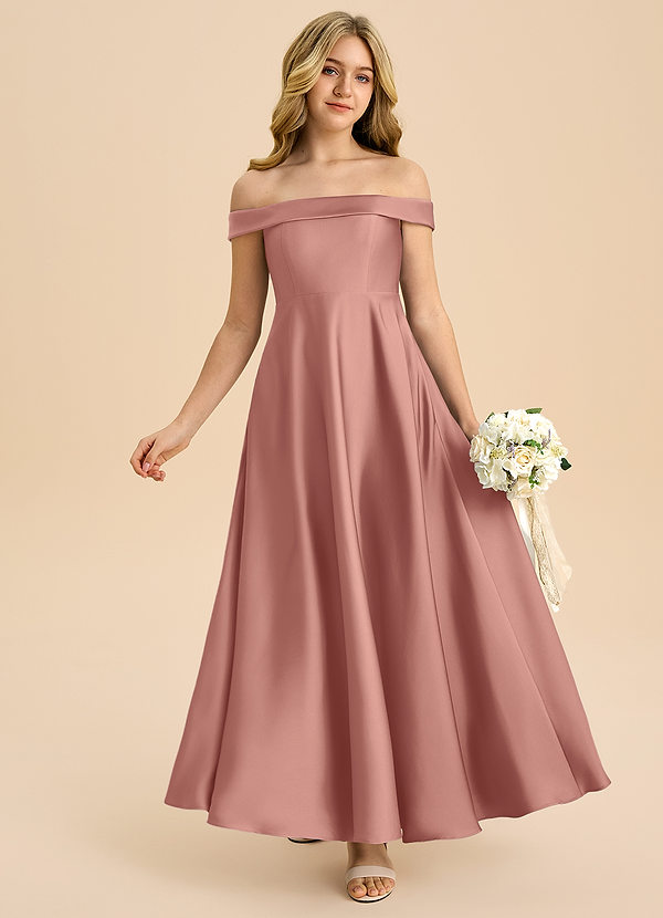 Azazie Sissy Junior Robe Trapèze en Satin extensible Épaule décolletée Rosette image1