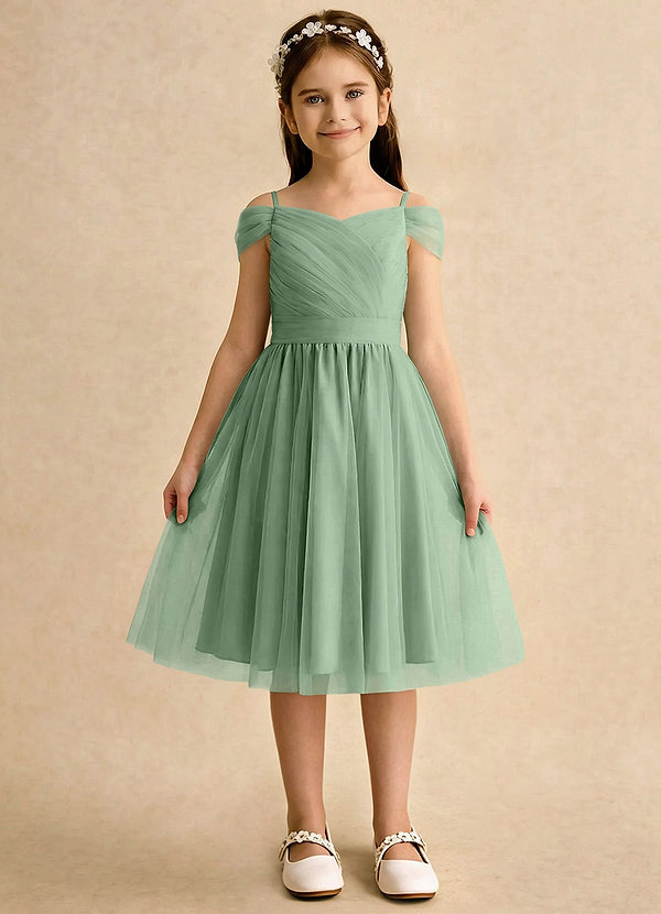 Azazie Lila Girls Formal Sukienki dla dziewczynek sypiących kwiaty Linia A Zza ramienia Tiul Długość do kolan Sukienka image1
