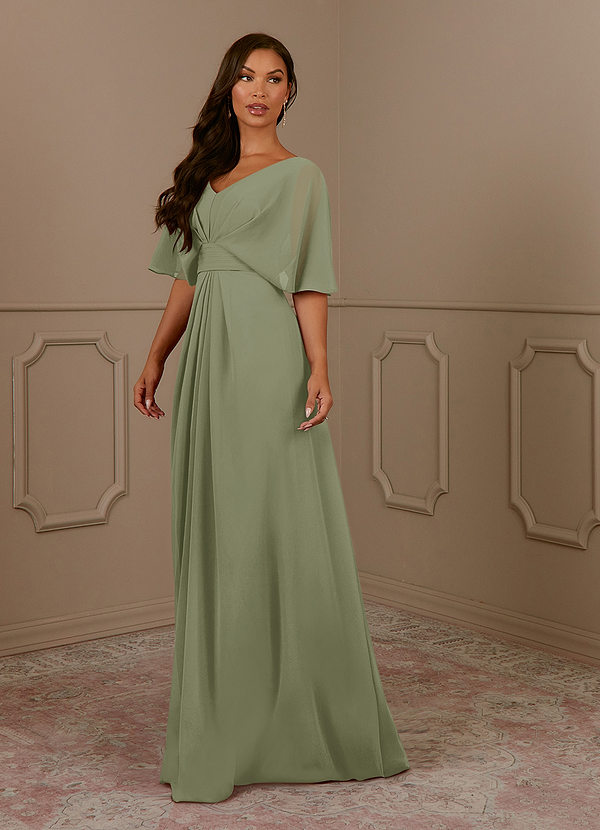 Azazie Oksana Pistachio A-Line V-Neck Pleated Chiffon Dress