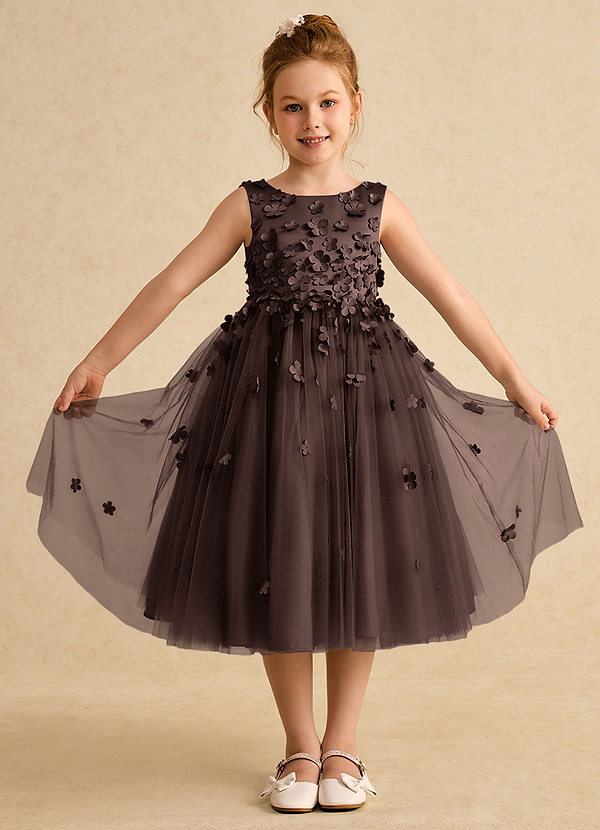 Azazie Lana Blumenkinder Kleider A-Linie ärmellos Matte Satin Kleid Ganache image1