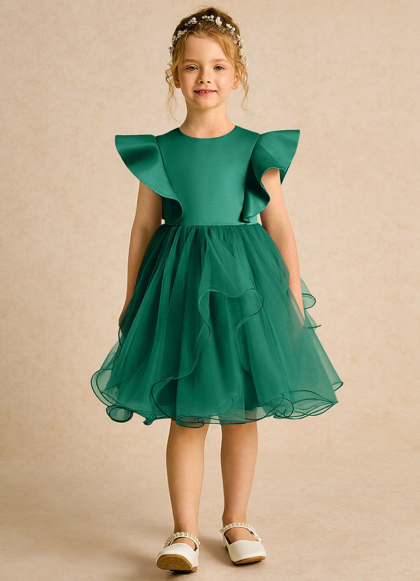 Azazie Chirp Robes de Fillette d'Honneur Robe Princesse en Tulle émeraude image1