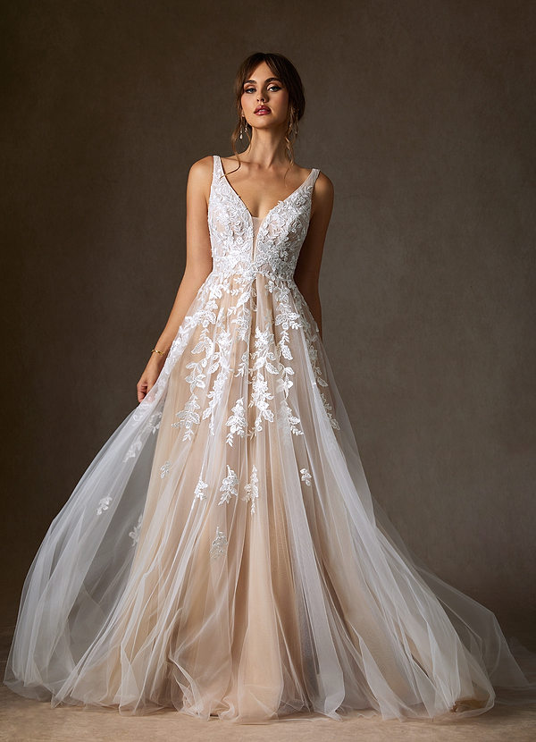 Azazie Sorella Wedding Dresses Diamond White Sand A-Line V-Neck Sequins Tulle Dress image1