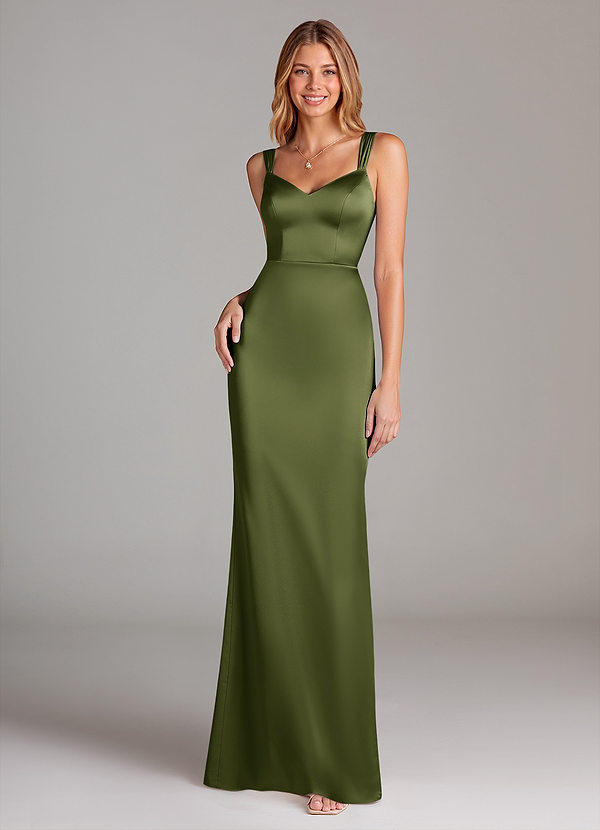 Azazie Denice Robes Demoiselle d'honneur Robe Fourreau en Satin extensible Plissée Olive image1