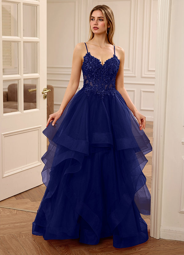 Zinnia Navy Abito da ballo a trapezio con scollo a V e volant in tulle image1