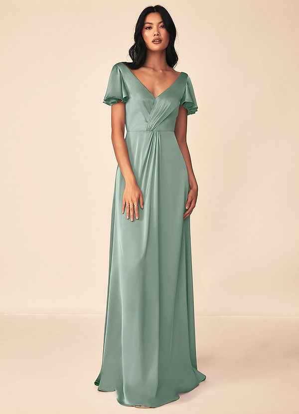 Azazie Soren Bridesmaid Dresses Agave A-Line Pleated Stretch Satin Dress image1