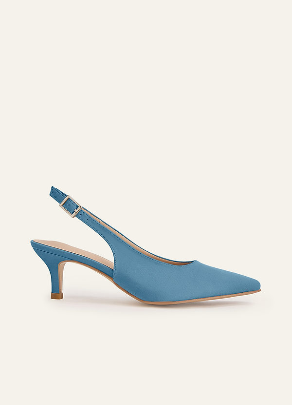 front Matching Color Matte Satin Pointed Toe Slingback Kitten Heel