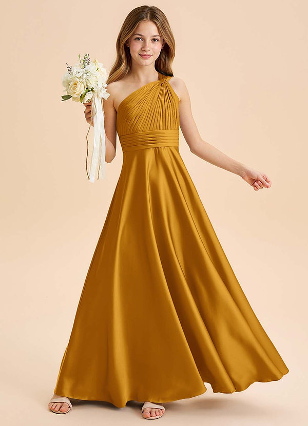 Azazie Charlize Junior Jurk van Stretch Satijn met A-Lijn Geplooid Boterbabbelaar image1