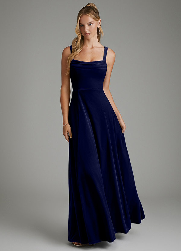 Azazie Shaude Bridesmaid Dresses Dark Navy A-Line Pleated Velvet Dress image1