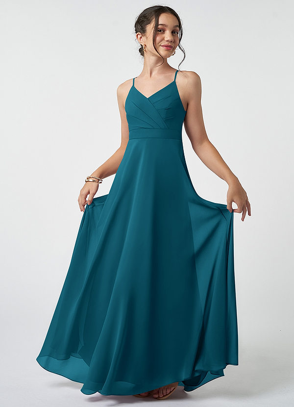 Azazie Avelina Junior Ink Blue A-Line Pleated Chiffon Dress image1