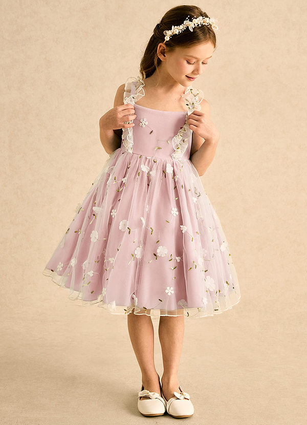 Azazie Krissie Blumenkinder Kleider A-Linie Gestreift Tüll Kleid Puderrosa image1