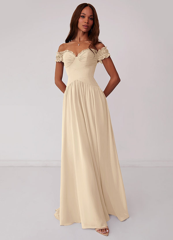 Barbie ♥ Azazie Bridesmaid Dresses Champagne A-Line Off the Shoulder Chiffon Convertible Dress image1