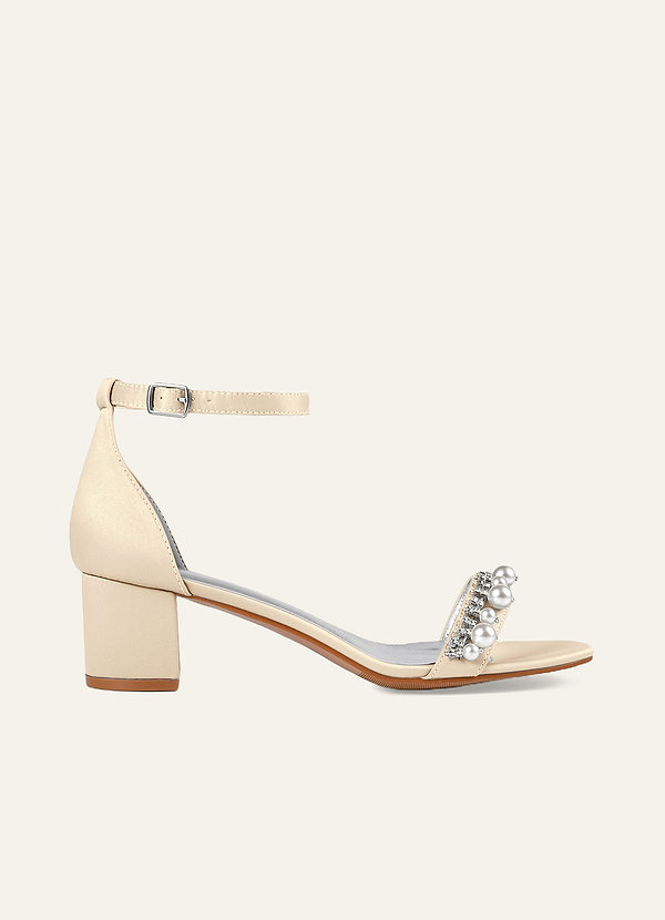 front Matching Color Matte Satin Rhinestone and Pearl Block Heel Sandals