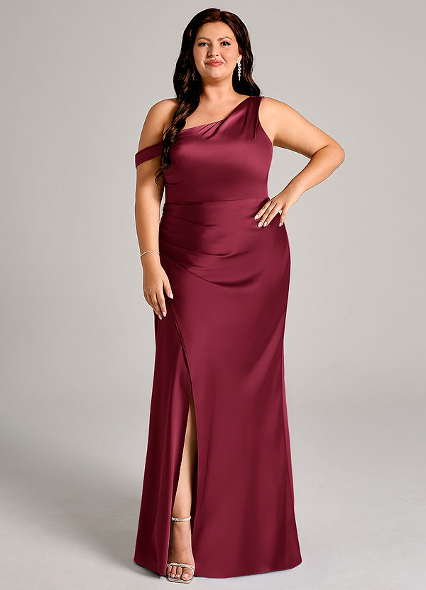 Azazie Madelyn Bridesmaid Dresses Burgundy Mermaid One Shoulder Stretch Satin Convertible Dress image1