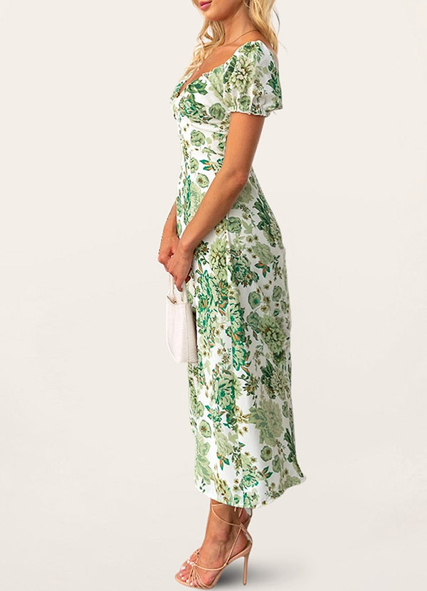 back Heat Wave Babe Green Floral Print Puff Sleeve Midi Dress