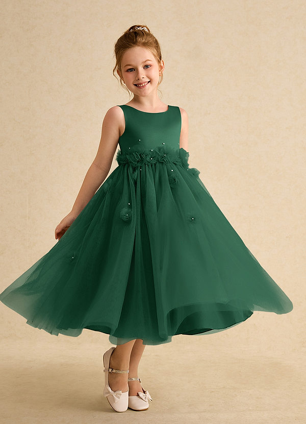 Azazie Lux Flower Girl Dresses Dark Green A-Line Beaded Tulle Dress image1
