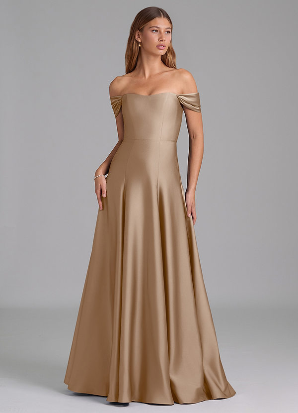 Azazie Seriana 신부 들러리 드레스 A라인 오프 더 숄더 스트레치 새틴 바닥 길이 드레스 image1