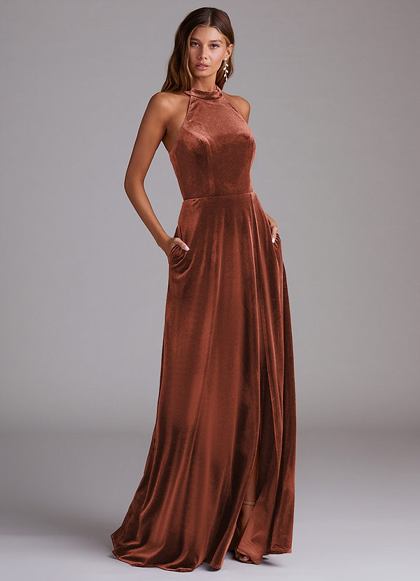 Azazie Larice Bridesmaid Dresses Terracotta A-Line with Pockets Velvet Dress image1