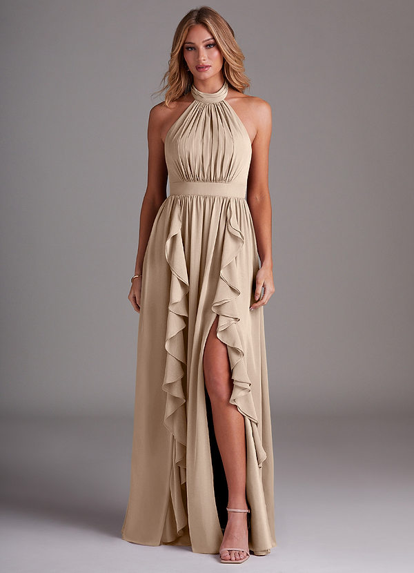 Azazie Avary Abiti da Damigella Abito A-Line in Chiffon Plissettato Taupe image1