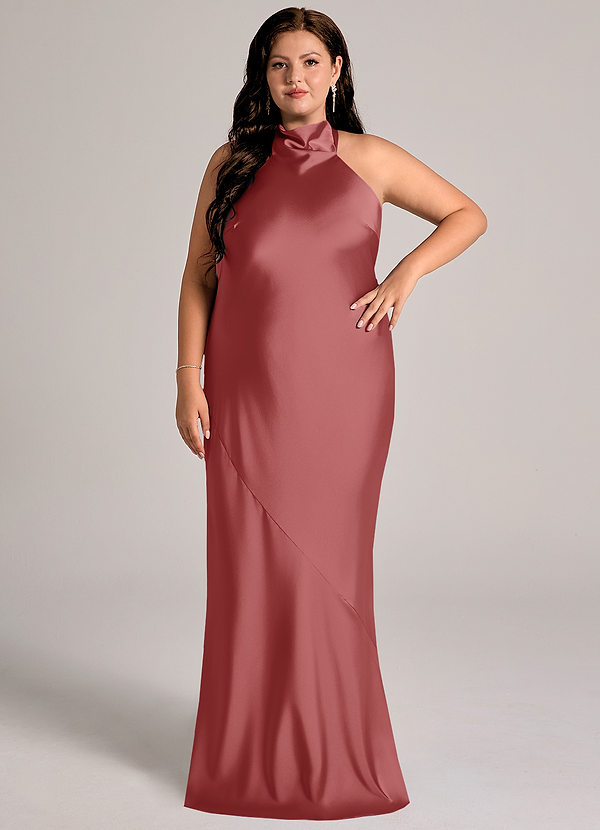 Azazie Velli Vestidos Dama de Honor Vestido de Rosa Antigua de Satén Elástico de Corte Sirena con Cuello Alto image1